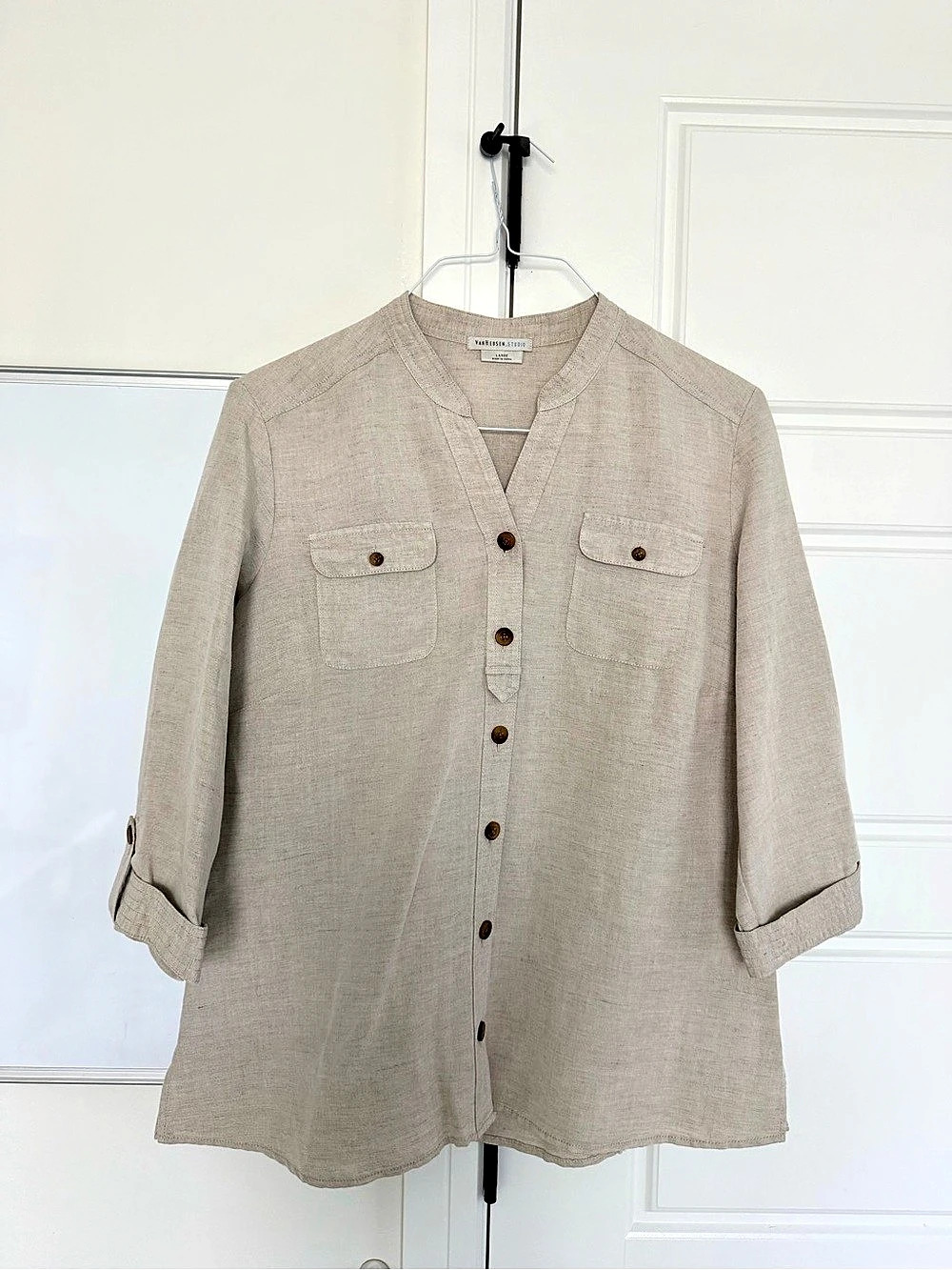 Van Heusen Studio Linen Button Down Shirt Beige Large
